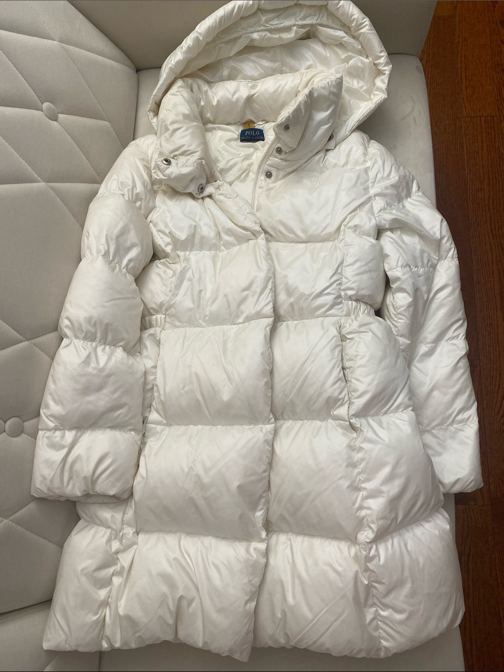 Polo by Ralph Lauren Girls Cream White Long Puffer Coat with Hood